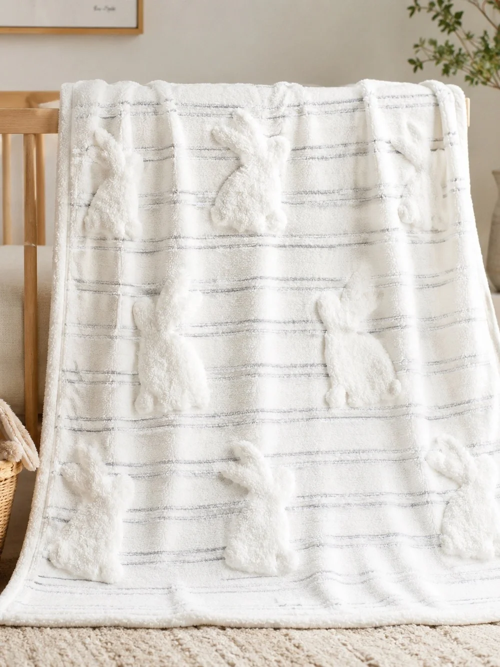 COTTON White Bunny Appliqué Baby Blanket/Throw